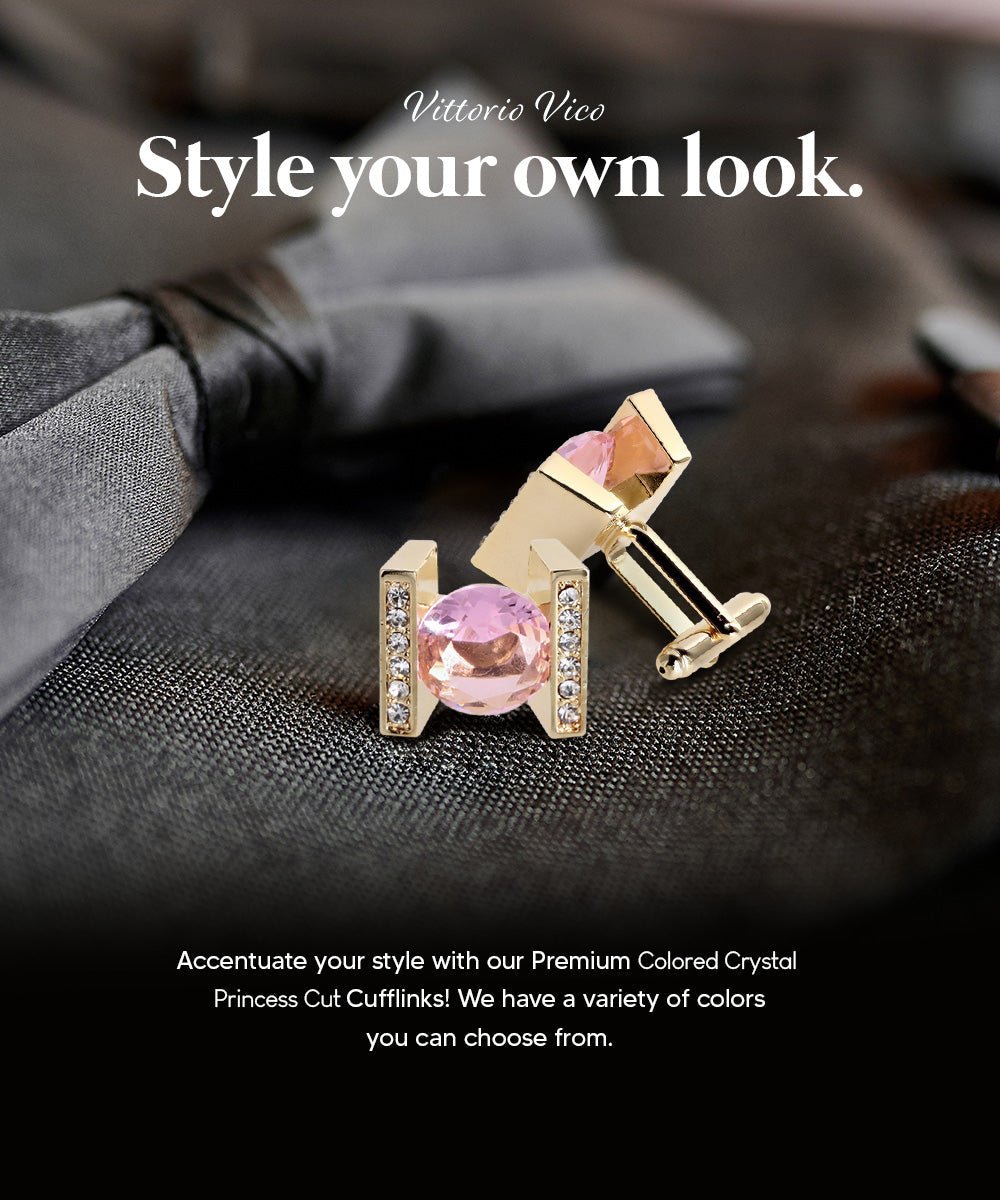 Vittorio Vico Princess Cut Crystal Colorstone Cufflinks: CL14XX Series - Pink and Gold - Cufflinks - Vittorio Vico