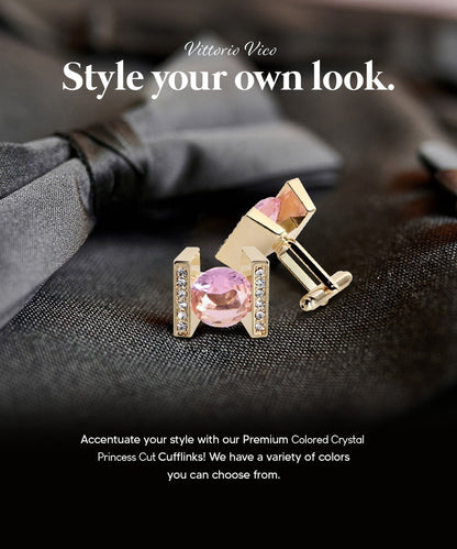 Vittorio Vico Princess Cut Crystal Colorstone Cufflinks: CL14XX Series - Pink and Gold - Cufflinks - Vittorio Vico