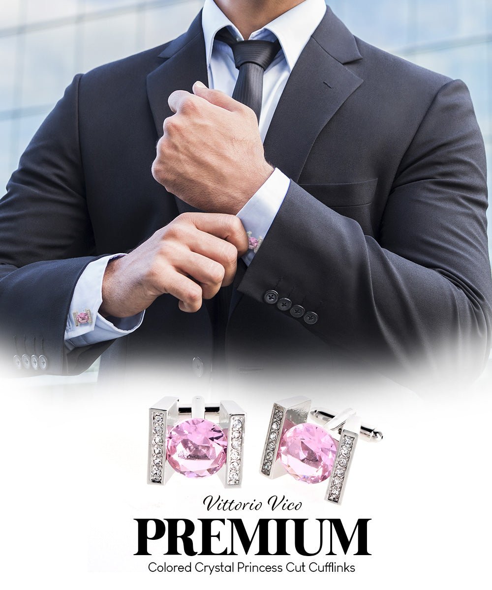 Vittorio Vico Princess Cut Crystal Colorstone Cufflinks: CL14XX Series - Pink and Silver - Cufflinks - Vittorio Vico