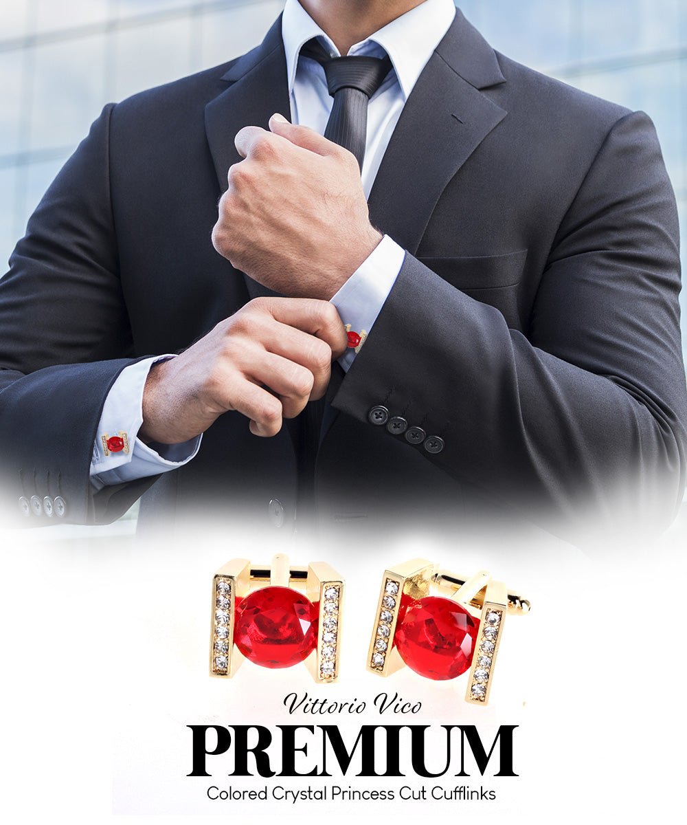 Vittorio Vico Princess Cut Crystal Colorstone Cufflinks: CL14XX Series - Red and Gold - Cufflinks - Vittorio Vico