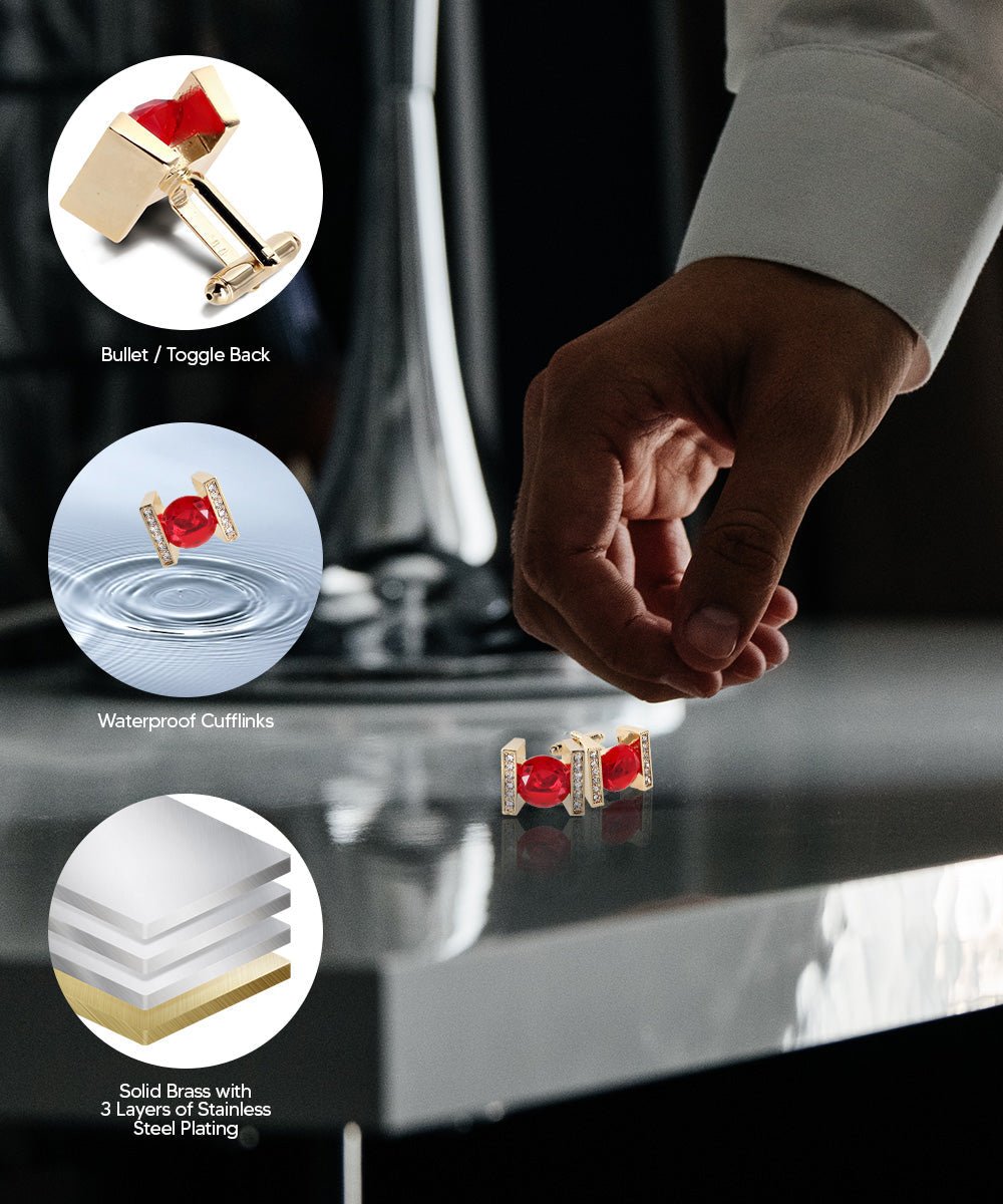 Vittorio Vico Princess Cut Crystal Colorstone Cufflinks: CL14XX Series - Red and Gold - Cufflinks - Vittorio Vico