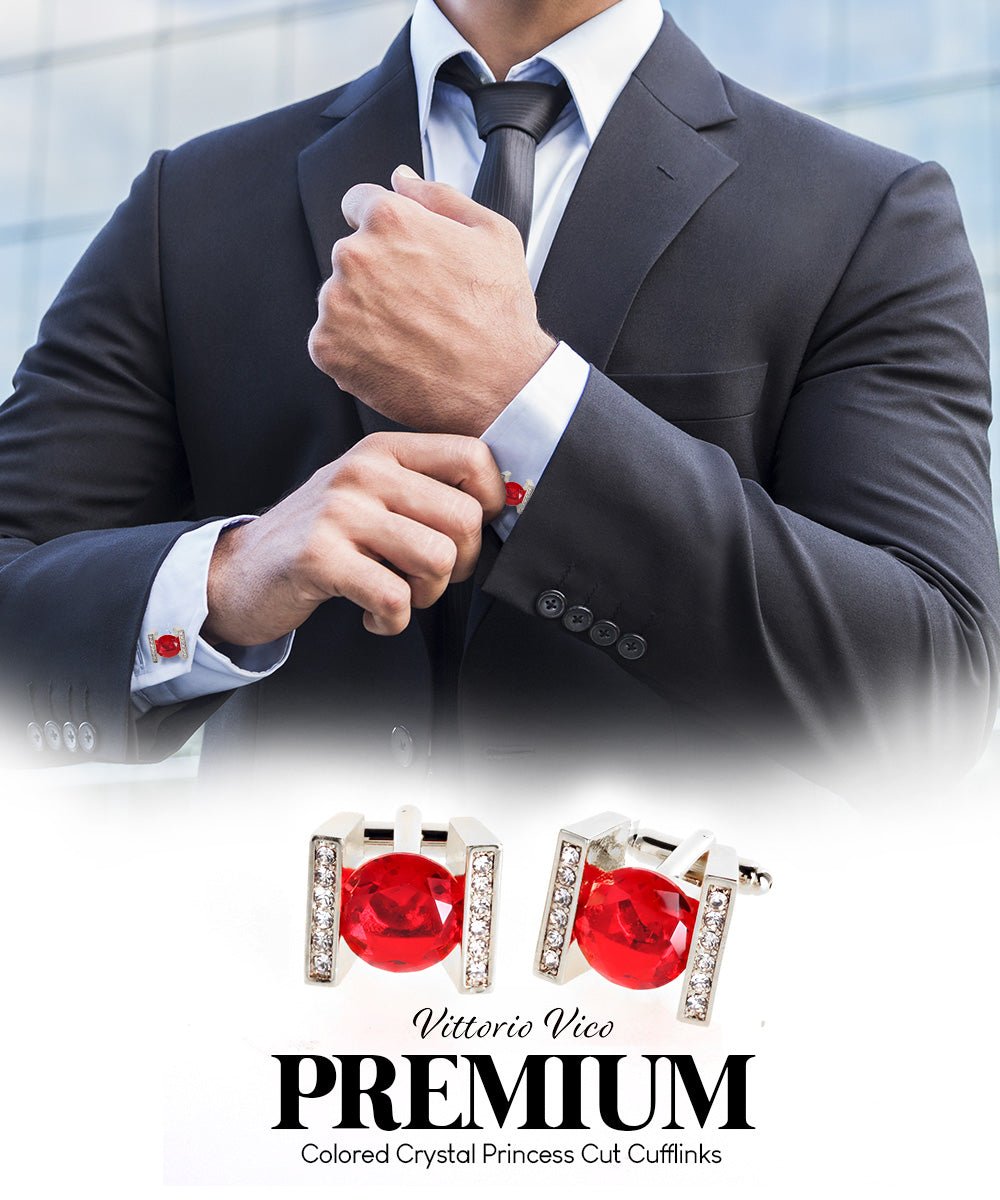 Vittorio Vico Princess Cut Crystal Colorstone Cufflinks: CL14XX Series - Red and Silver - Cufflinks - Vittorio Vico