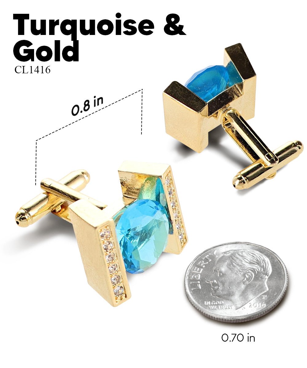 Vittorio Vico Princess Cut Crystal Colorstone Cufflinks: CL14XX Series - Turquoise and Gold - Cufflinks - Vittorio Vico