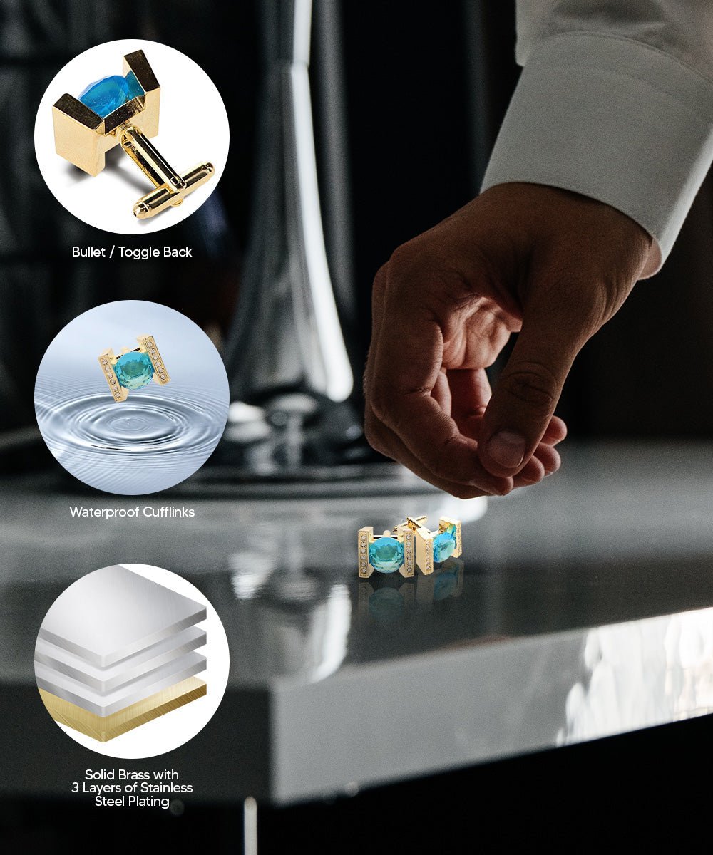 Vittorio Vico Princess Cut Crystal Colorstone Cufflinks: CL14XX Series - Turquoise and Gold - Cufflinks - Vittorio Vico