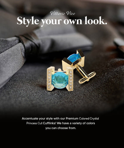 Vittorio Vico Princess Cut Crystal Colorstone Cufflinks: CL14XX Series - Turquoise and Gold - Cufflinks - Vittorio Vico