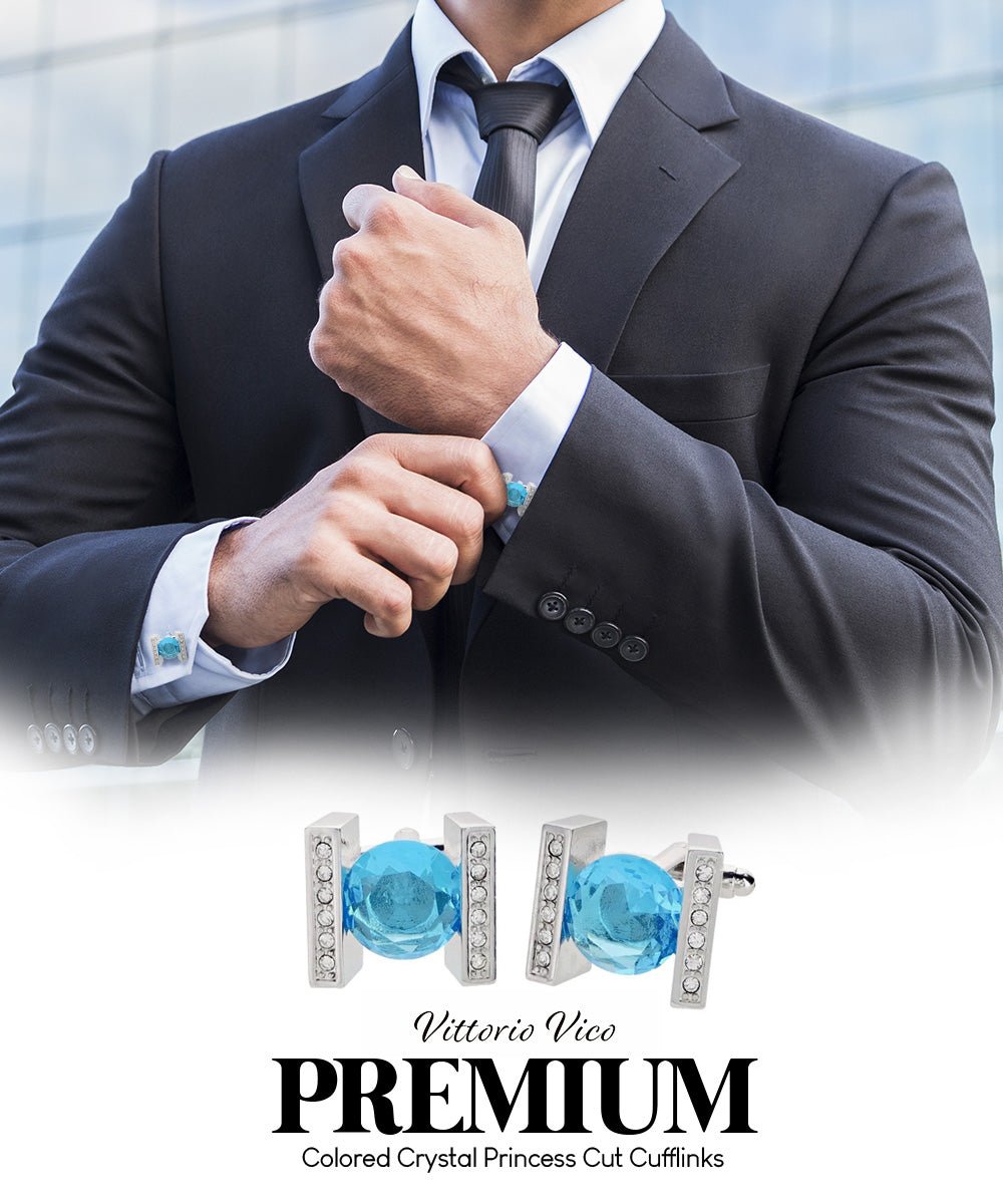 Vittorio Vico Princess Cut Crystal Colorstone Cufflinks: CL14XX Series - Turquoise and Silver - Cufflinks - Vittorio Vico