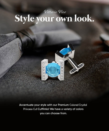 Vittorio Vico Princess Cut Crystal Colorstone Cufflinks: CL14XX Series - Turquoise and Silver - Cufflinks - Vittorio Vico