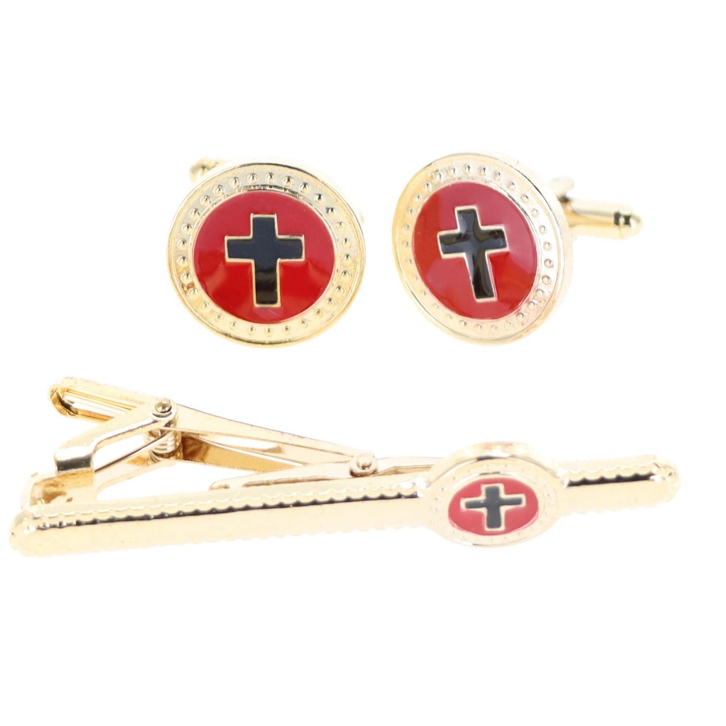 Vittorio Vico Religious Cufflink & Tie Bar Set in Gift Box - Black Cross in Red Background and Gold Setting - Cufflink & Tiebar Set - Vittorio Vico