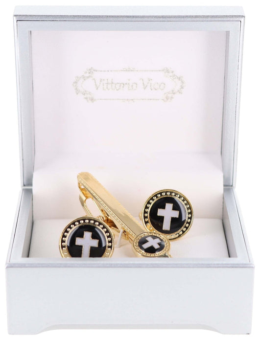 Vittorio Vico Religious Cufflink & Tie Bar Set in Gift Box - Black Cross in Red Background and Gold Setting - Cufflink & Tiebar Set - Vittorio Vico