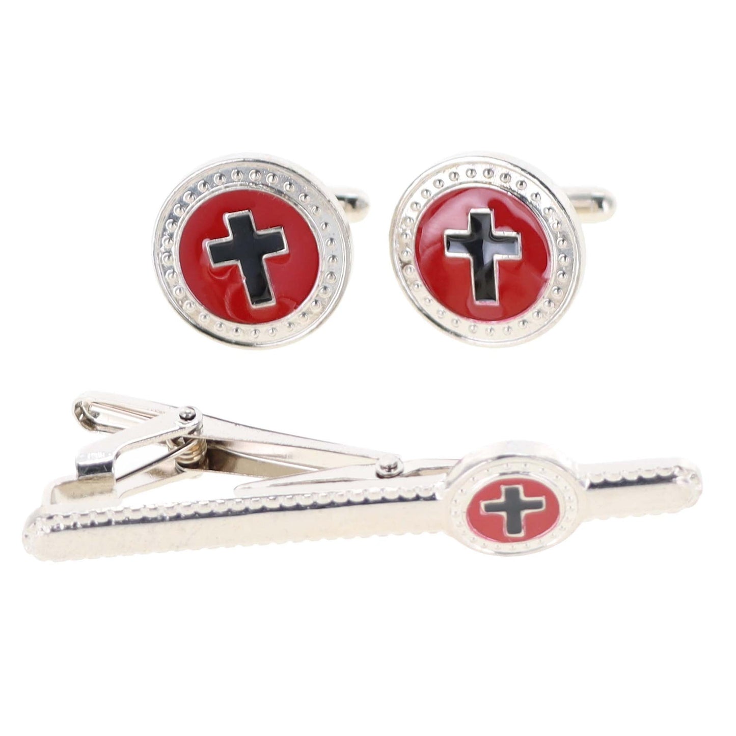 Vittorio Vico Religious Cufflink & Tie Bar Set in Gift Box - Black Cross in Red Background and Silver Setting - Cufflink & Tiebar Set - Vittorio Vico