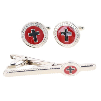 Vittorio Vico Religious Cufflink & Tie Bar Set in Gift Box - Black Cross in Red Background and Silver Setting - Cufflink & Tiebar Set - Vittorio Vico