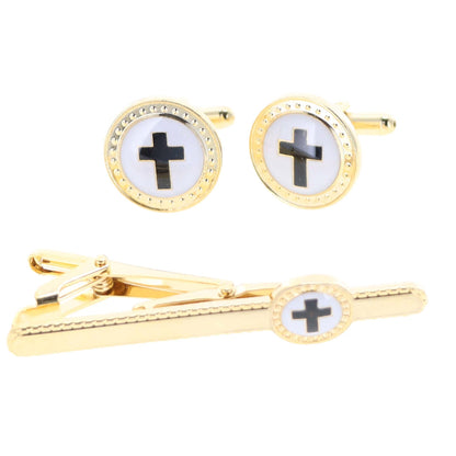 Vittorio Vico Religious Cufflink & Tie Bar Set in Gift Box - Black Cross in White Background and Gold Setting - Cufflink & Tiebar Set - Vittorio Vico