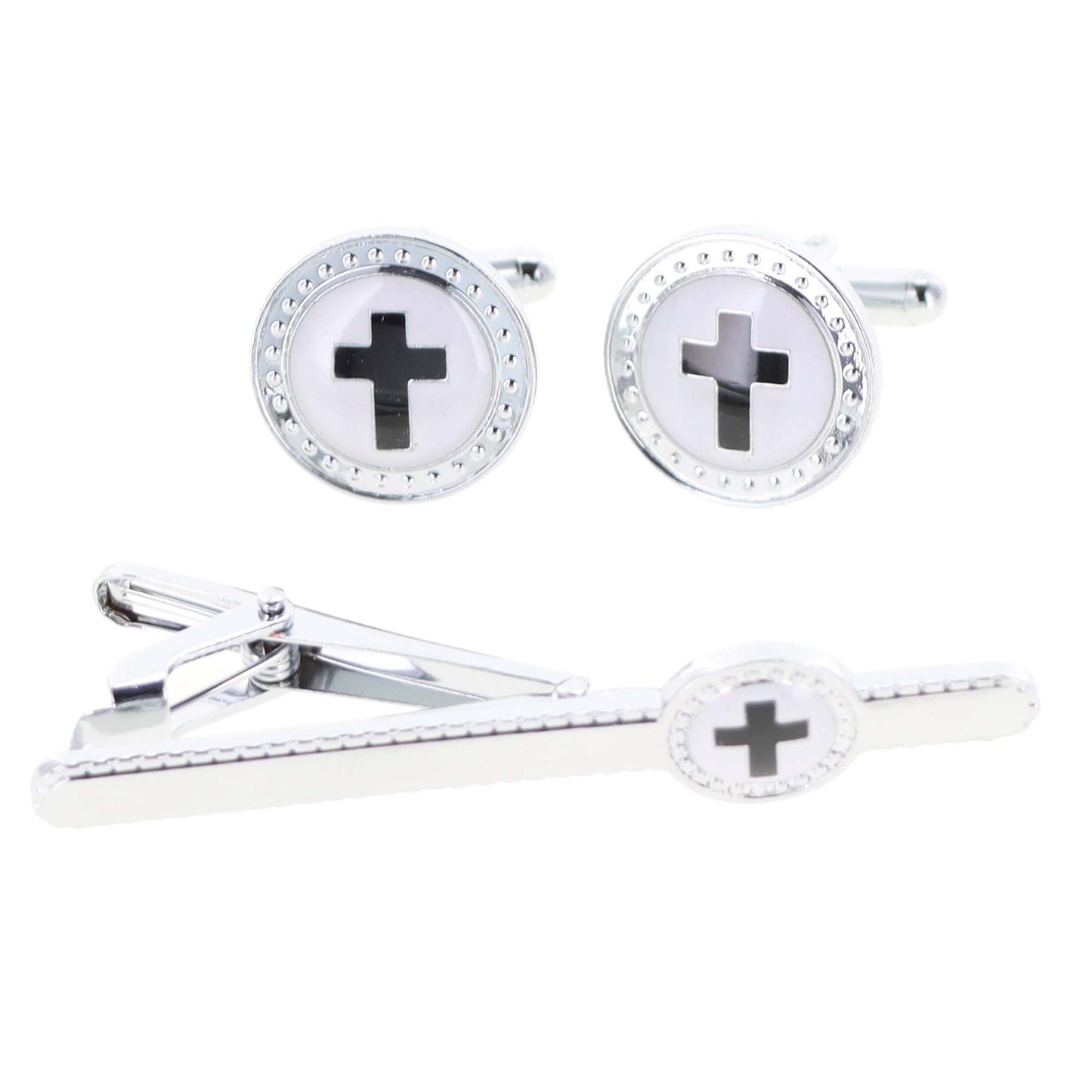 Vittorio Vico Religious Cufflink & Tie Bar Set in Gift Box - Black Cross in White Background and Silver Setting - Cufflink & Tiebar Set - Vittorio Vico