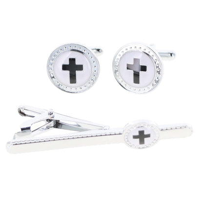Vittorio Vico Religious Cufflink & Tie Bar Set in Gift Box - Black Cross in White Background and Silver Setting - Cufflink & Tiebar Set - Vittorio Vico