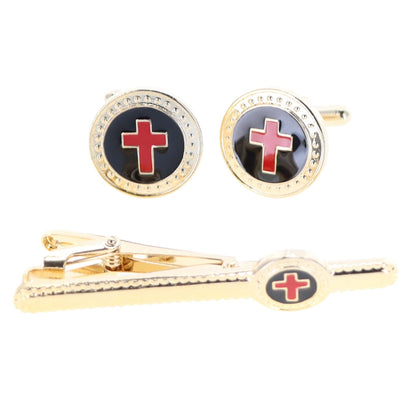 Vittorio Vico Religious Cufflink & Tie Bar Set in Gift Box - Red Cross in Black Background and Gold Setting - Cufflink & Tiebar Set - Vittorio Vico