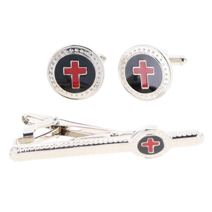 Vittorio Vico Religious Cufflink & Tie Bar Set in Gift Box - Red Cross in Black Background and Silver Setting - Cufflink & Tiebar Set - Vittorio Vico