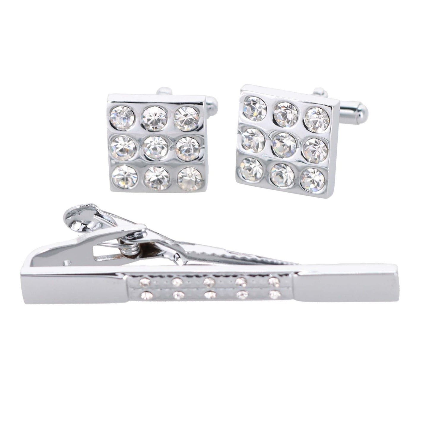 Vittorio Vico Silver Rhinestone Cufflink & Tie Bar Set in Gift Box - CR-026 - Cufflink & Tiebar Set - Vittorio Vico