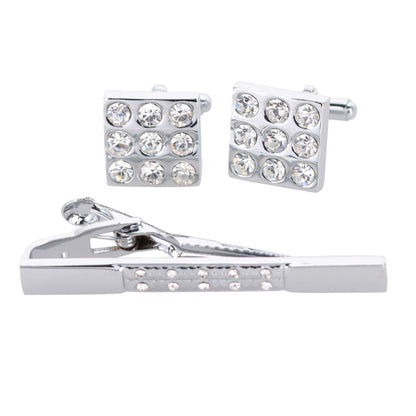 Vittorio Vico Silver Rhinestone Cufflink & Tie Bar Set in Gift Box - CR-026 - Cufflink & Tiebar Set - Vittorio Vico