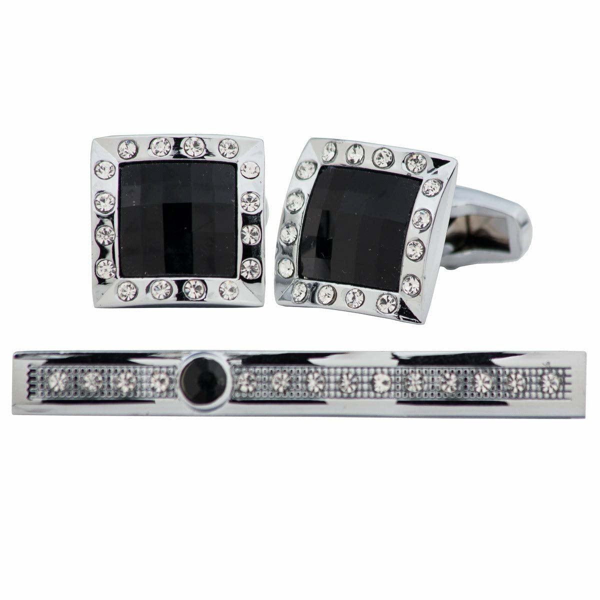 Vittorio Vico Silver Rhinestone Cufflink & Tie Bar Set in Gift Box - CR-027 - Cufflink & Tiebar Set - Vittorio Vico