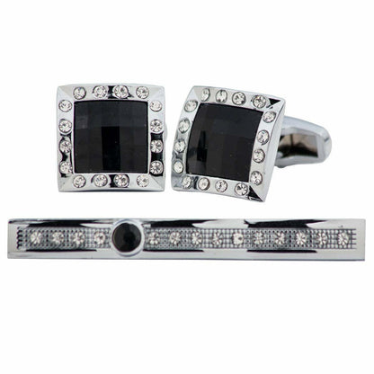 Vittorio Vico Silver Rhinestone Cufflink & Tie Bar Set in Gift Box - CR-027 - Cufflink & Tiebar Set - Vittorio Vico