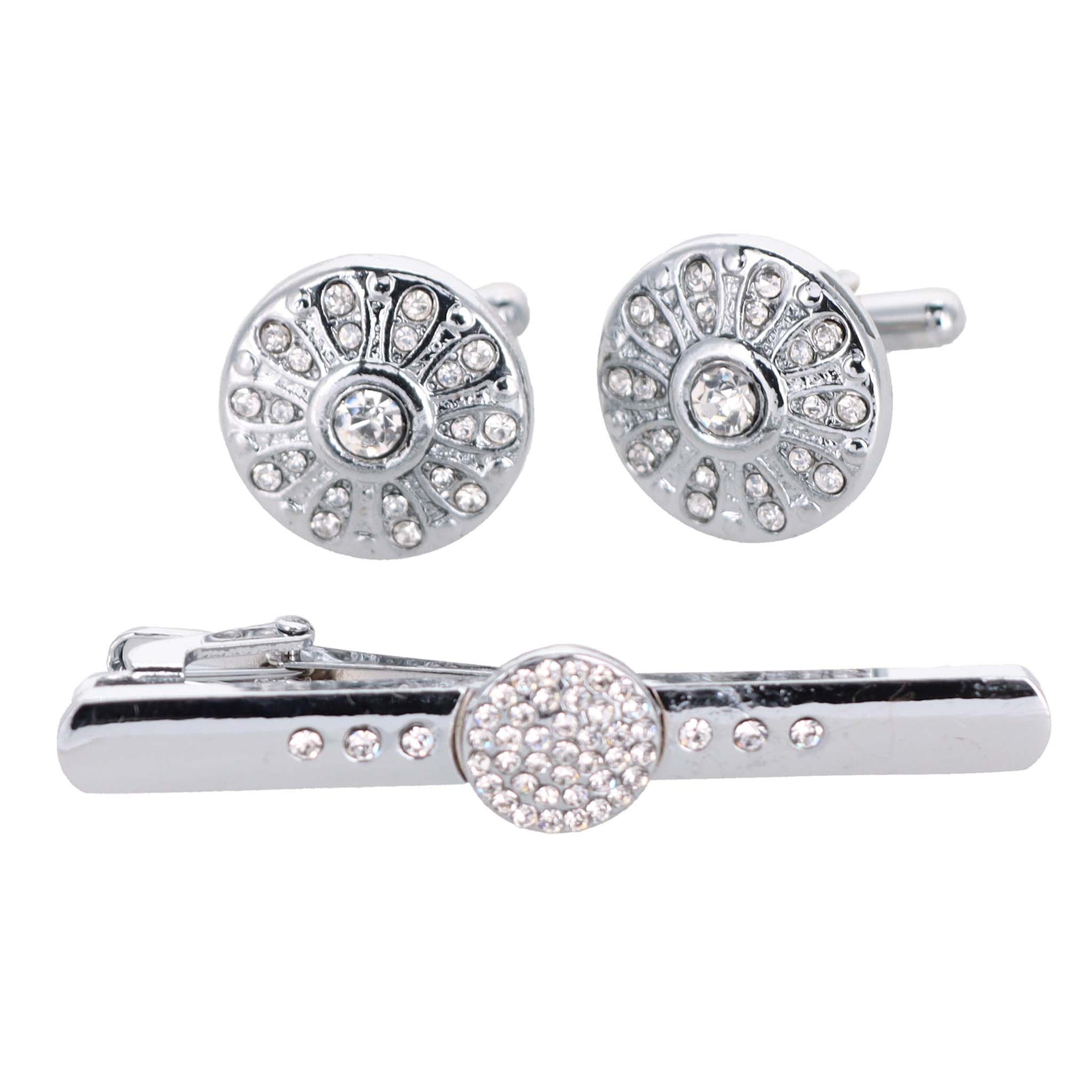 Vittorio Vico Silver Rhinestone Cufflink & Tie Bar Set in Gift Box - CR-028 - Cufflink & Tiebar Set - Vittorio Vico