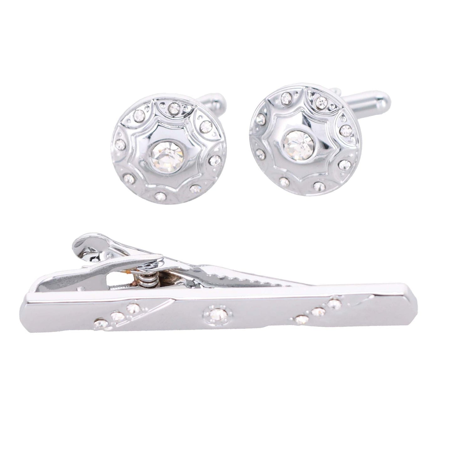 Vittorio Vico Silver Rhinestone Cufflink & Tie Bar Set in Gift Box - CR-032 - Cufflink & Tiebar Set - Vittorio Vico