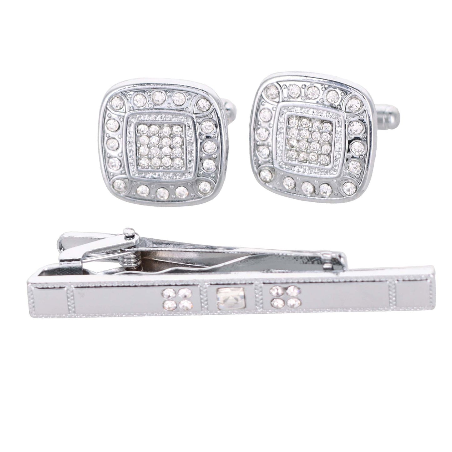 Vittorio Vico Silver Rhinestone Cufflink & Tie Bar Set in Gift Box - CR-033 - Cufflink & Tiebar Set - Vittorio Vico