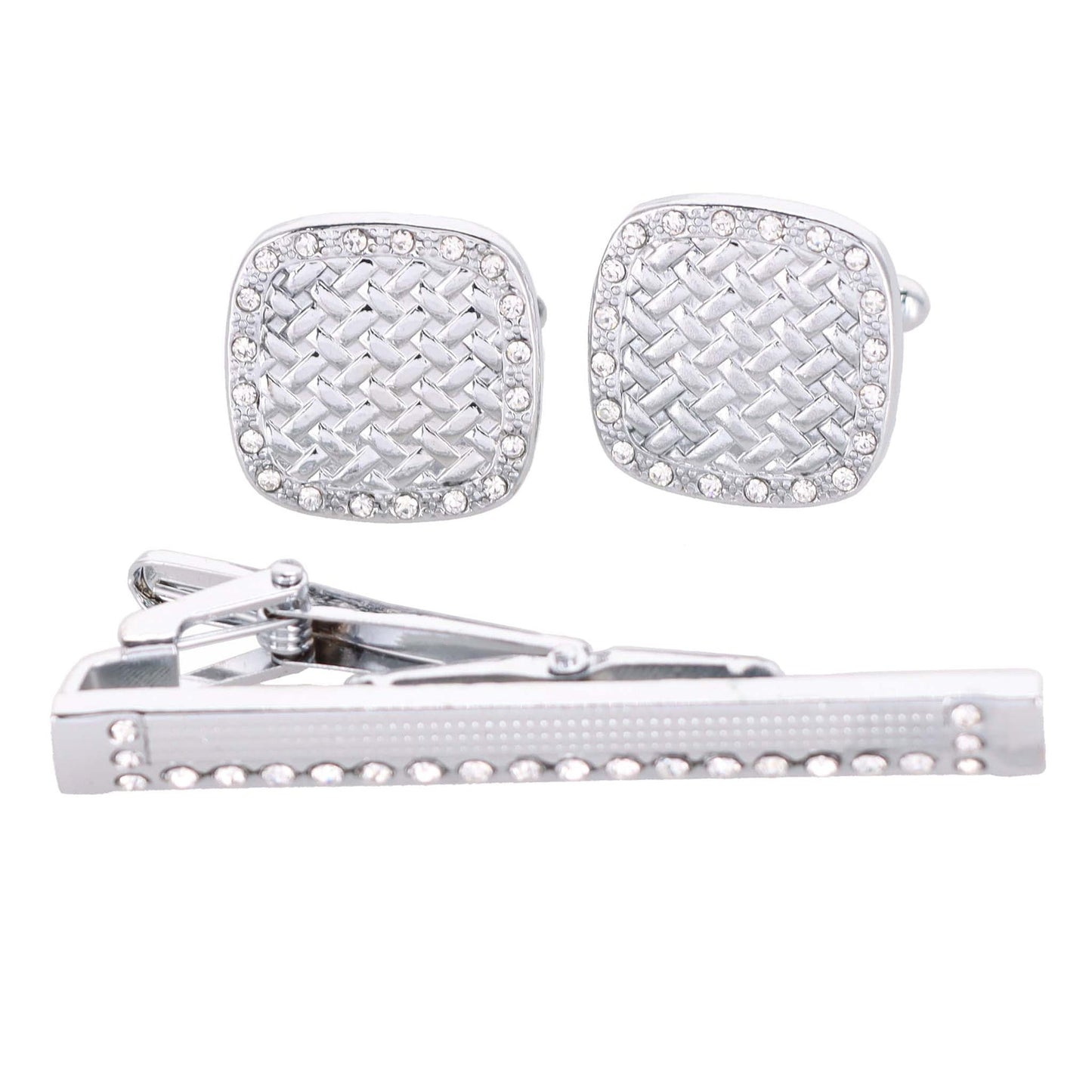 Vittorio Vico Silver Rhinestone Cufflink & Tie Bar Set in Gift Box - CR-034 - Cufflink & Tiebar Set - Vittorio Vico