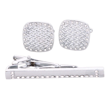 Vittorio Vico Silver Rhinestone Cufflink & Tie Bar Set in Gift Box - CR-034 - Cufflink & Tiebar Set - Vittorio Vico