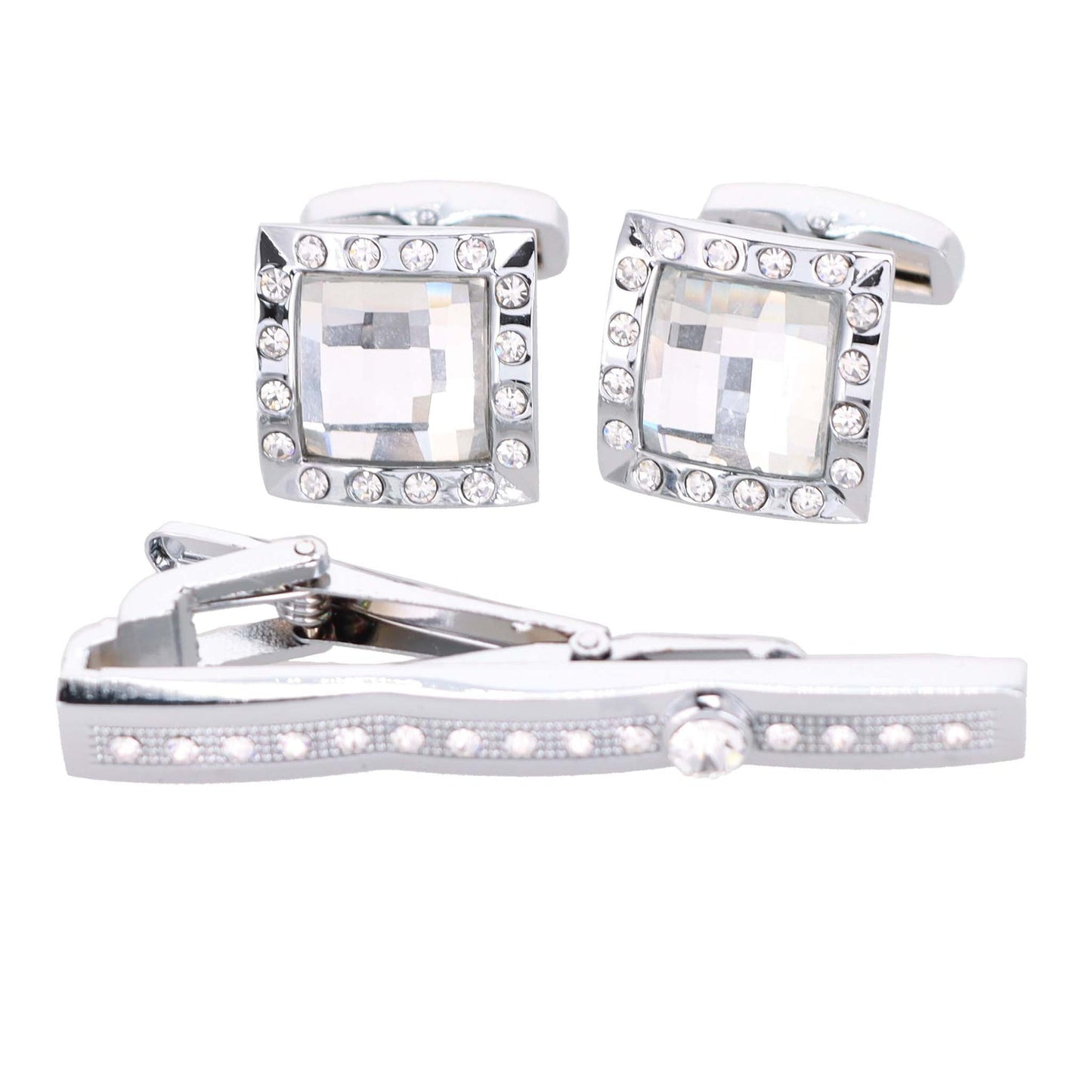 Vittorio Vico Silver Rhinestone Cufflink & Tie Bar Set in Gift Box - CR-039 - Cufflink & Tiebar Set - Vittorio Vico
