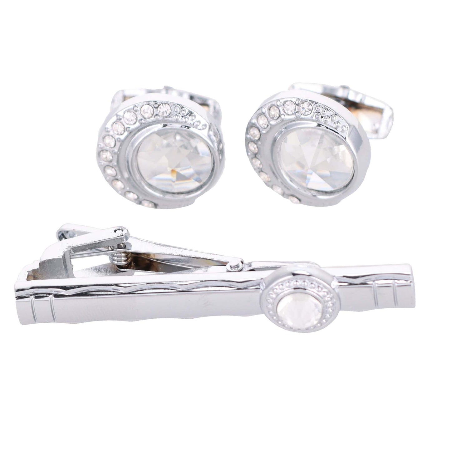 Vittorio Vico Silver Rhinestone Cufflink & Tie Bar Set in Gift Box - CR-043 - Cufflink & Tiebar Set - Vittorio Vico