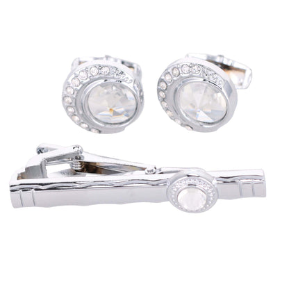 Vittorio Vico Silver Rhinestone Cufflink & Tie Bar Set in Gift Box - CR-043 - Cufflink & Tiebar Set - Vittorio Vico