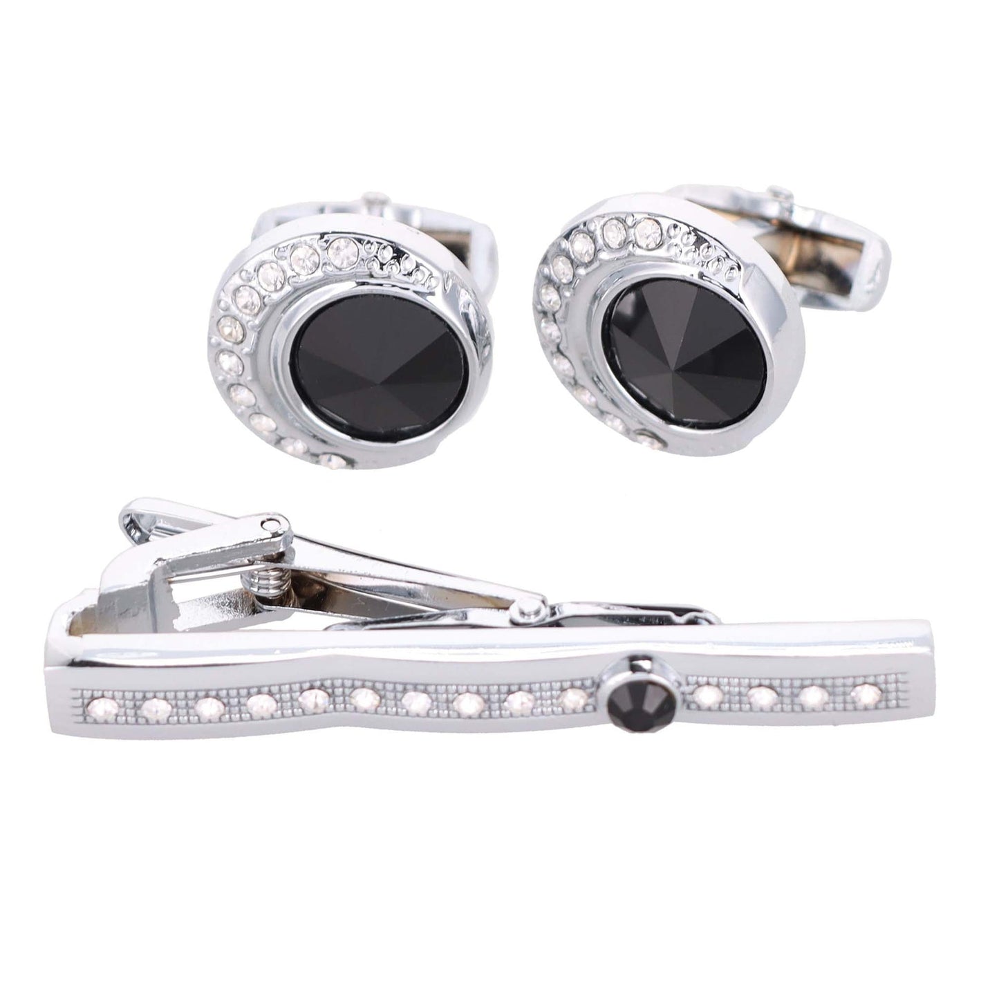 Vittorio Vico Silver Rhinestone Cufflink & Tie Bar Set in Gift Box - CR-045 - Cufflink & Tiebar Set - Vittorio Vico