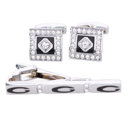 Vittorio Vico Silver Rhinestone Cufflink & Tie Bar Set in Gift Box - CR-047 - Cufflink & Tiebar Set - Vittorio Vico