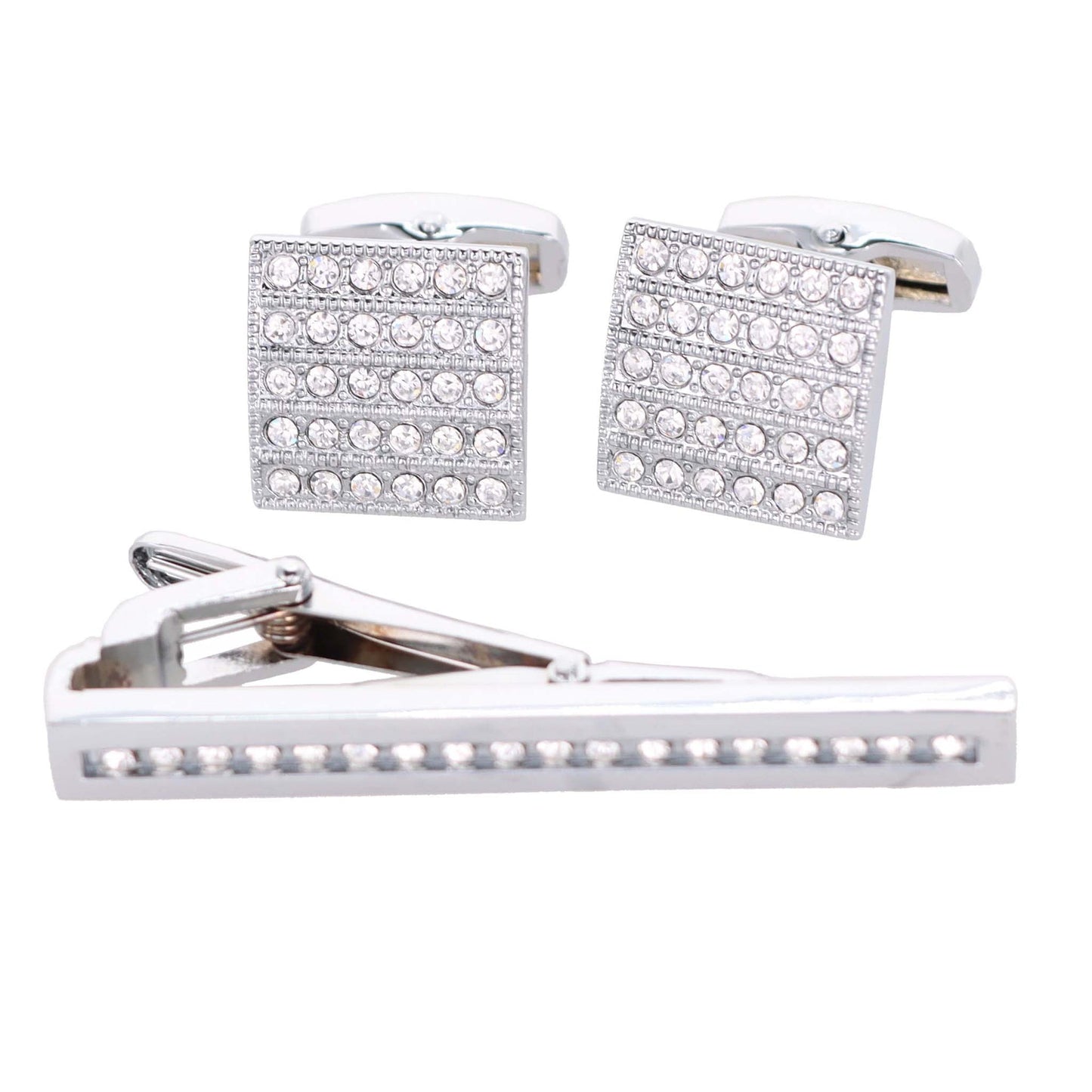 Vittorio Vico Silver Rhinestone Cufflink & Tie Bar Set in Gift Box - CR-049 - Cufflink & Tiebar Set - Vittorio Vico