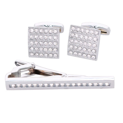 Vittorio Vico Silver Rhinestone Cufflink & Tie Bar Set in Gift Box - CR-049 - Cufflink & Tiebar Set - Vittorio Vico