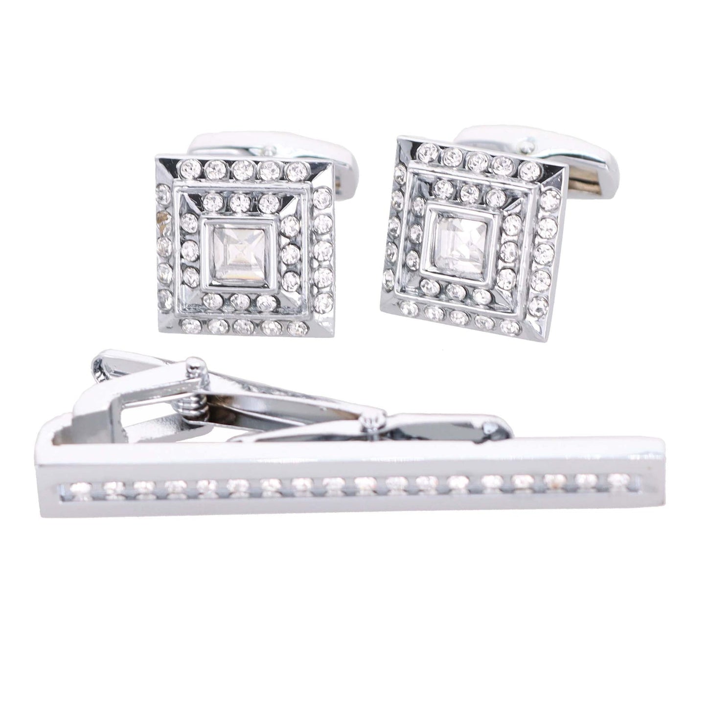 Vittorio Vico Silver Rhinestone Cufflink & Tie Bar Set in Gift Box - CR-051 - Cufflink & Tiebar Set - Vittorio Vico
