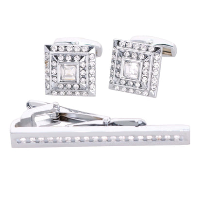 Vittorio Vico Silver Rhinestone Cufflink & Tie Bar Set in Gift Box - CR-051 - Cufflink & Tiebar Set - Vittorio Vico