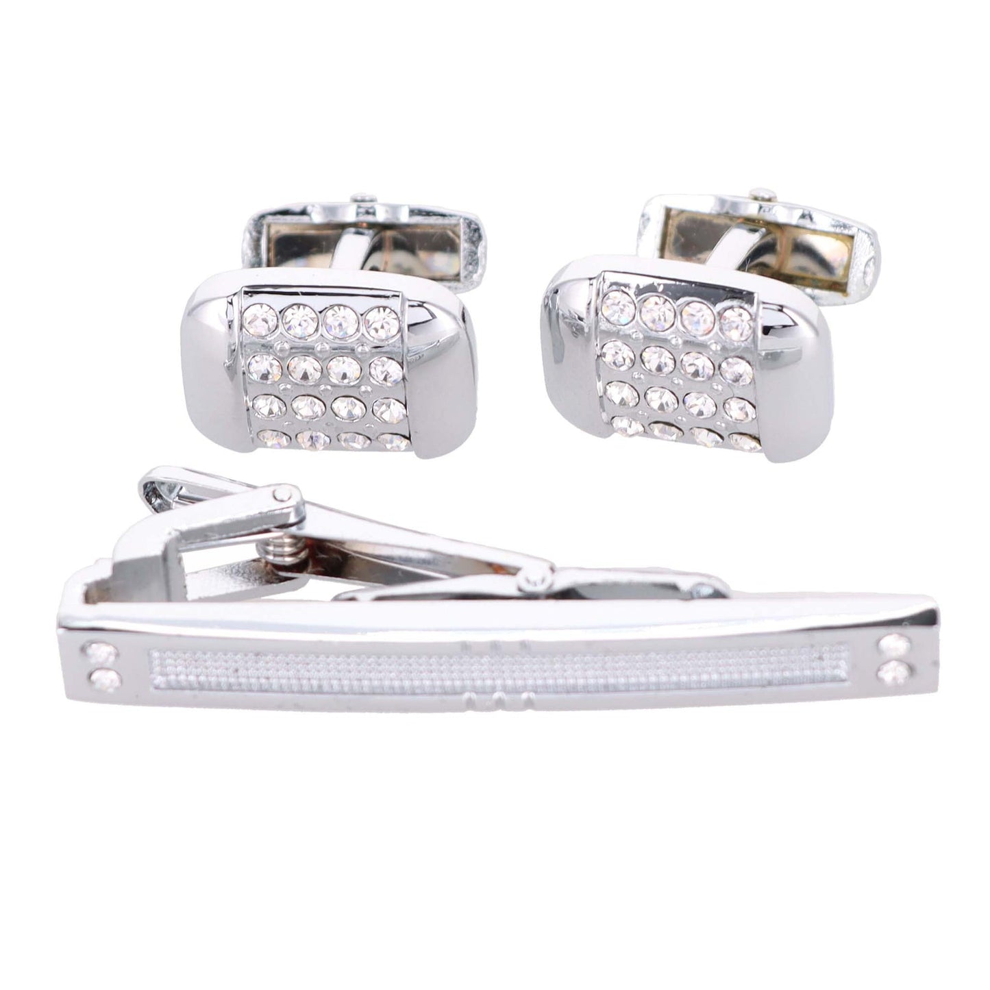 Vittorio Vico Silver Rhinestone Cufflink & Tie Bar Set in Gift Box - CR-054 - Cufflink & Tiebar Set - Vittorio Vico