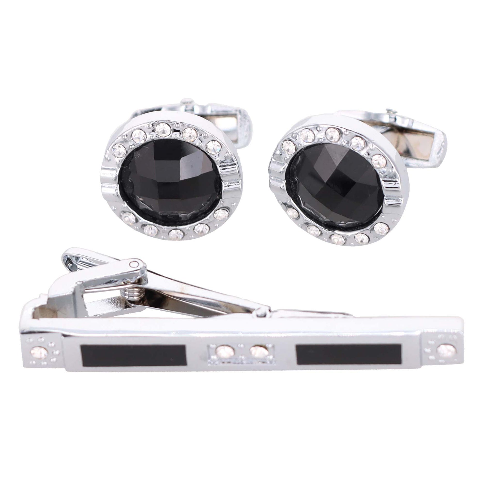 Vittorio Vico Silver Rhinestone Cufflink & Tie Bar Set in Gift Box - CR-054 - Cufflink & Tiebar Set - Vittorio Vico