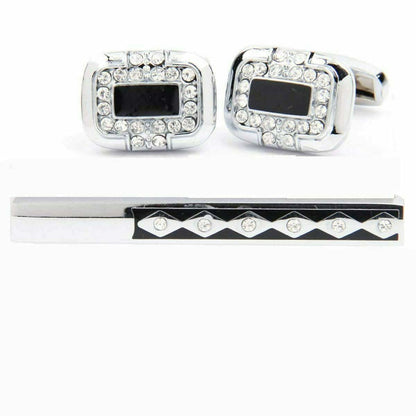 Vittorio Vico Silver Rhinestone Cufflink & Tie Bar Set in Gift Box - CR-054 - Cufflink & Tiebar Set - Vittorio Vico