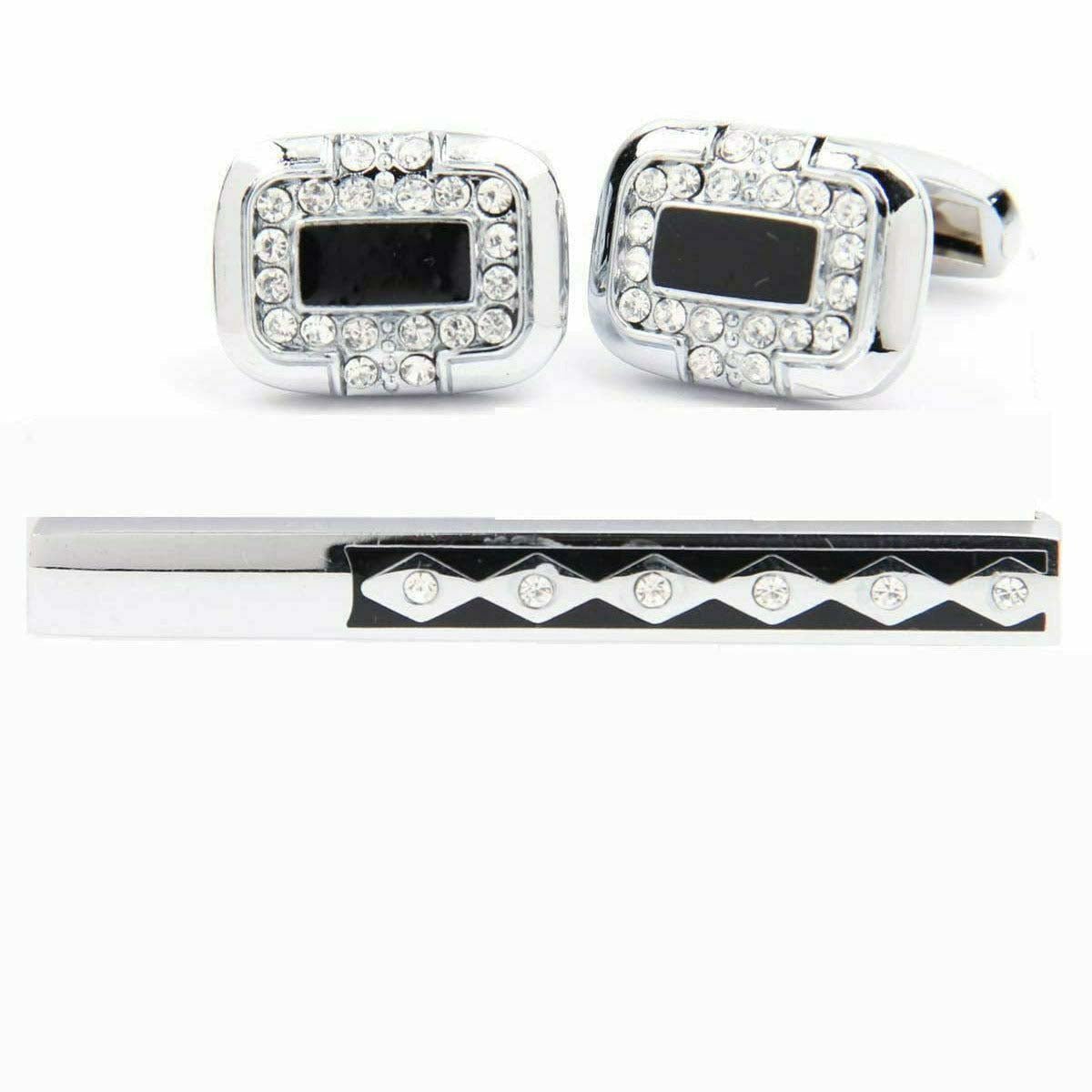 Vittorio Vico Silver Rhinestone Cufflink & Tie Bar Set in Gift Box - CR-058 - Cufflink & Tiebar Set - Vittorio Vico
