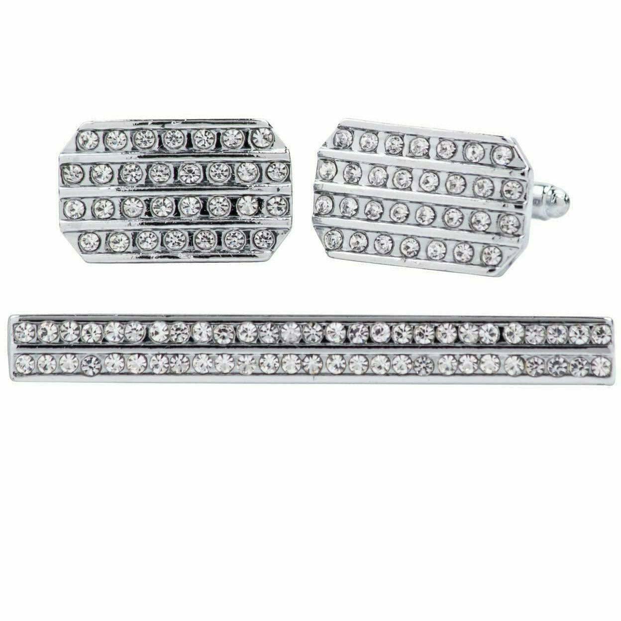 Vittorio Vico Silver Rhinestone Cufflink & Tie Bar Set in Gift Box - CR-060 - Cufflink & Tiebar Set - Vittorio Vico
