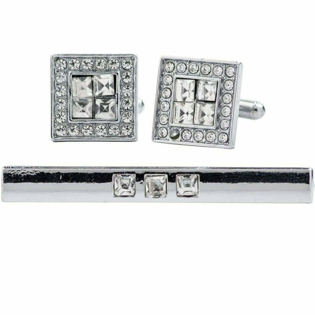 Vittorio Vico Silver Rhinestone Cufflink & Tie Bar Set in Gift Box - CR-061 - Cufflink & Tiebar Set - Vittorio Vico