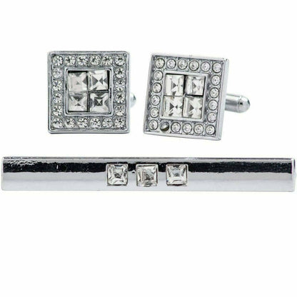 Vittorio Vico Silver Rhinestone Cufflink & Tie Bar Set in Gift Box - CR-061 - Cufflink & Tiebar Set - Vittorio Vico