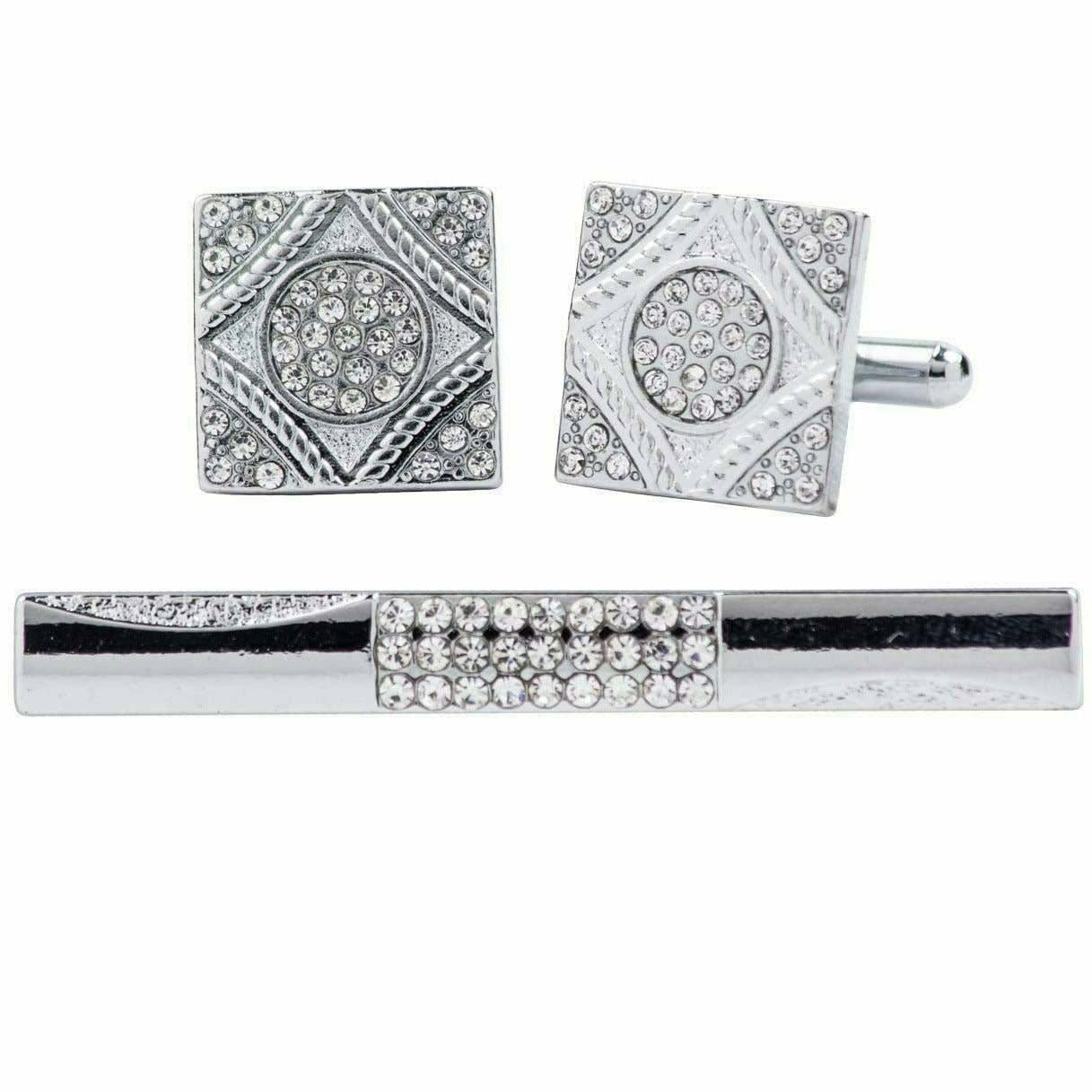 Vittorio Vico Silver Rhinestone Cufflink & Tie Bar Set in Gift Box - CR-063 - Cufflink & Tiebar Set - Vittorio Vico