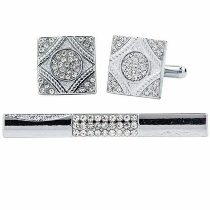 Vittorio Vico Silver Rhinestone Cufflink & Tie Bar Set in Gift Box - CR-063 - Cufflink & Tiebar Set - Vittorio Vico