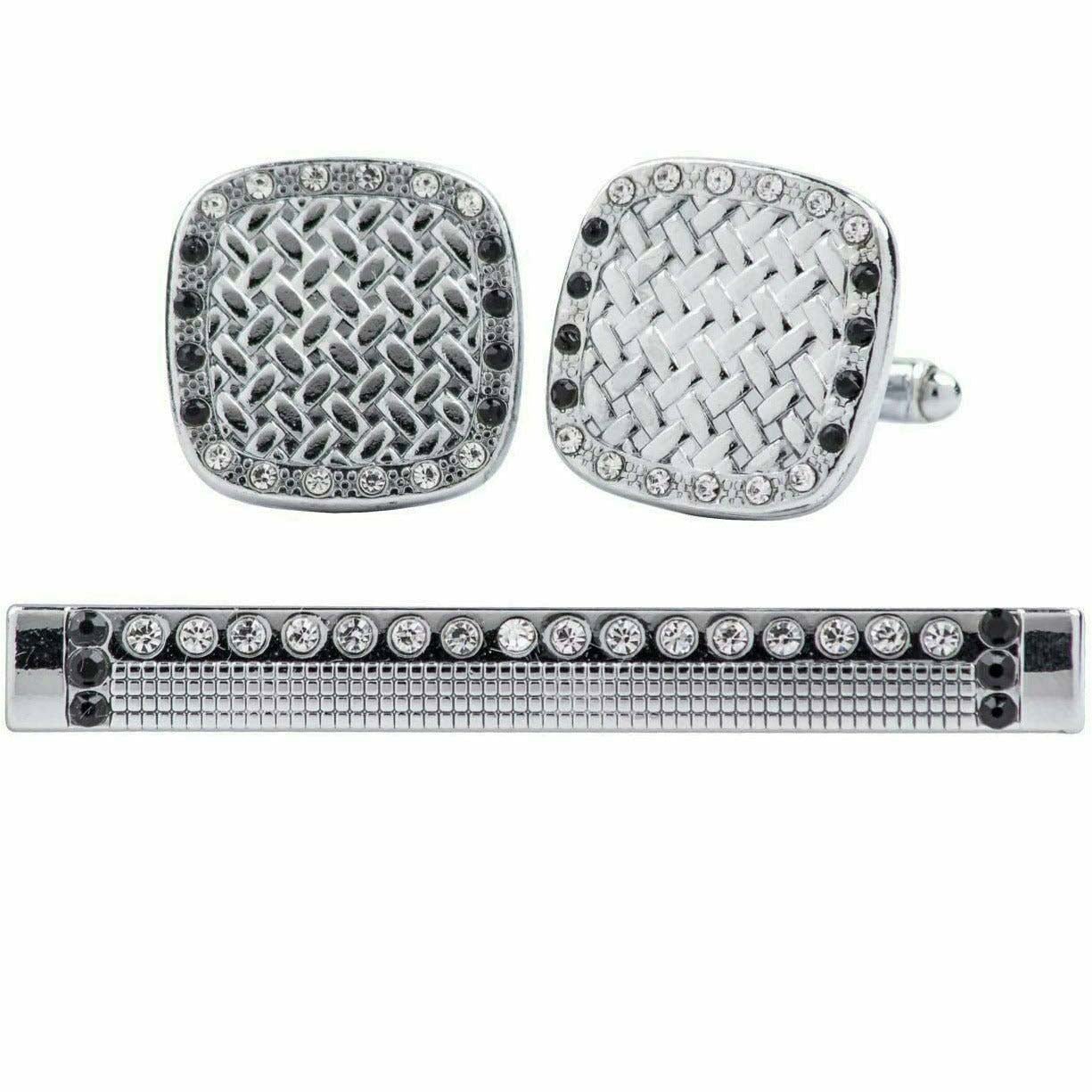 Vittorio Vico Silver Rhinestone Cufflink & Tie Bar Set in Gift Box - CR-071 - Cufflink & Tiebar Set - Vittorio Vico