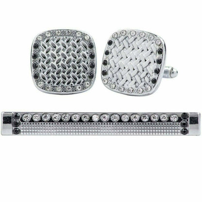Vittorio Vico Silver Rhinestone Cufflink & Tie Bar Set in Gift Box - CR-071 - Cufflink & Tiebar Set - Vittorio Vico