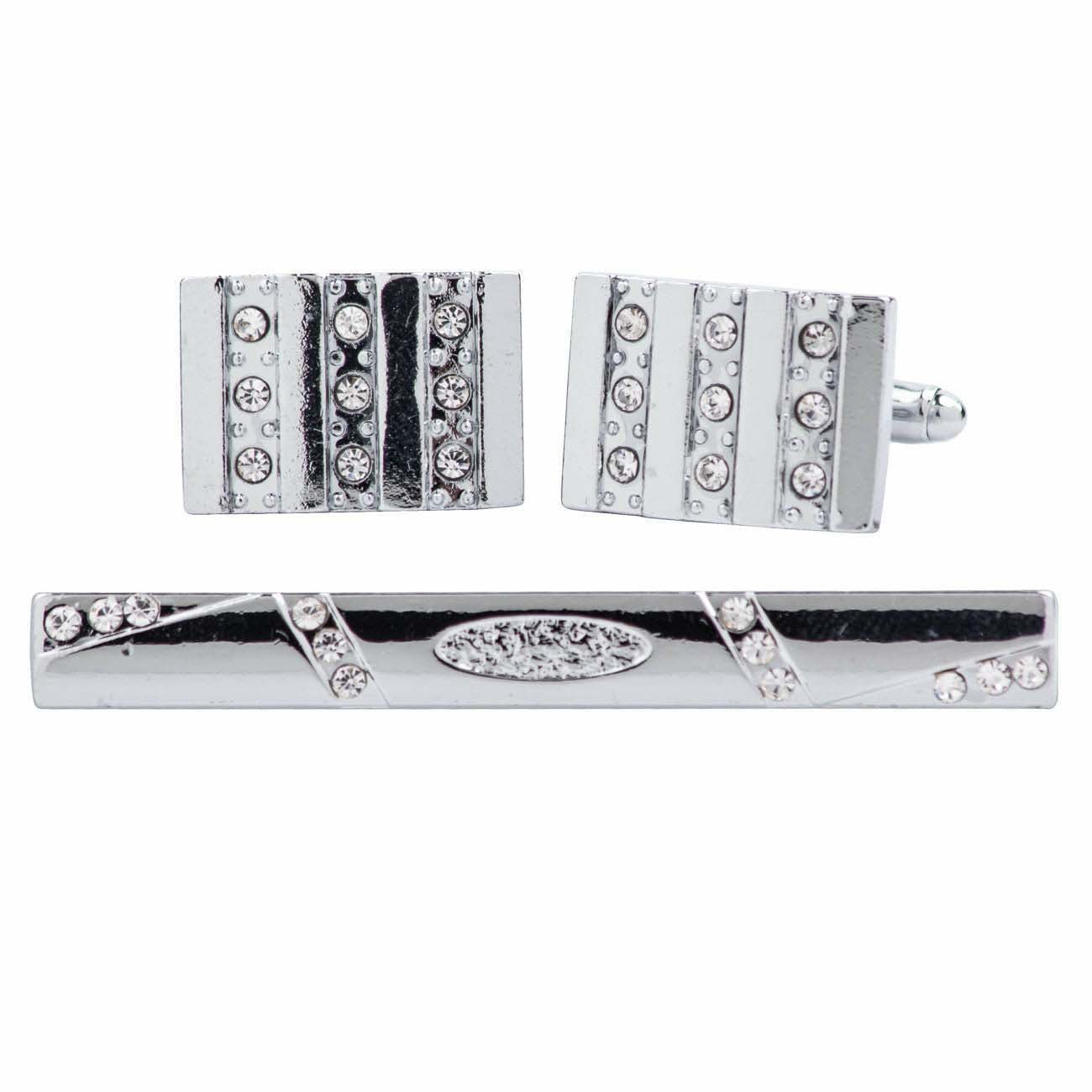 Vittorio Vico Silver Rhinestone Cufflink & Tie Bar Set in Gift Box - CR-074 - Cufflink & Tiebar Set - Vittorio Vico